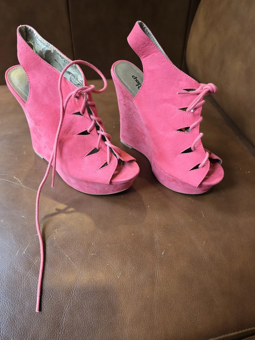 Charlotte Russe Hot Pink Lace-Up Suede Wedge Sandals